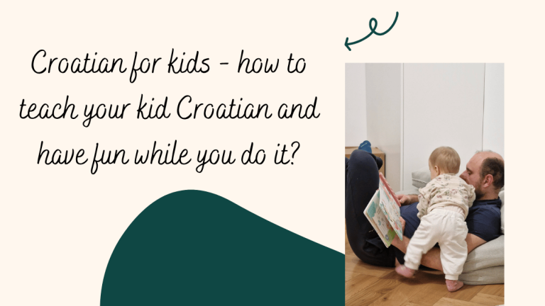 Dad and kid looking at a Croatian picturebook